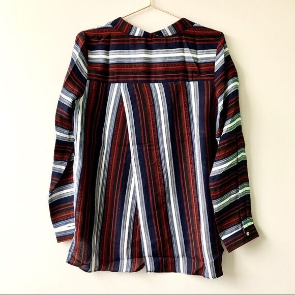 NWT Entro Rust Navy Blue Striped Spliced Back V Neck Long Sleeve Button Up Top - Picture 7 of 8